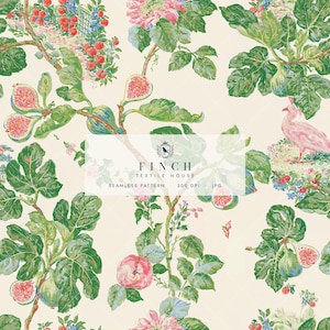May include: A seamless pattern featuring a cream background with illustrations of green fig leaves, ripe figs, pink flowers, and a pink bird. A central white rectangular overlay displays the text FINCH TEXTILE HOUSE SEAMLESS PATTERN 300 DPI JPG.