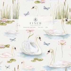 May include: A seamless pattern featuring white swans, pink lotus flowers, green lily pads, cattails, and blue butterflies on a light cream background. The text FINCH COLLECTIVE SEAMLESS PATTERN 300 DPI JPG is centered in a white rectangular overlay.