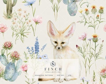 Desert Fox Seamless Pattern, Digital file for Commercial Use, Cactus Wildflower Fabric Print, Watercolor Animal Digital Paper (JPG)