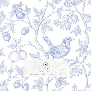 Pode incluir: Um padrão sem costuras com ilustrações a tinta azul de um pássaro pousado num ramo rodeado de bolotas, bagas e folhas sobre um fundo branco. O texto central diz FINCH TEXTILE HOUSE SEAMLESS PATTERN 300 DPI JPG.