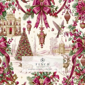 Patrón sin costuras Toile navideño color burdeos, estampado de tela navideña, ciervos, lazos, flores ornamentales, elegante papel digital de invierno JPG / S209