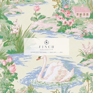 Padrão romântico sem costura do Rio Swan, arquivo digital para uso comercial, estampa de tecido rosa com aves aquáticas em estilo chalé, papel digital de paisagem (JPG)