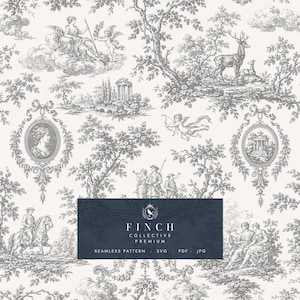 May include: A seamless toile de jouy pattern featuring grey illustrations of classical figures, cherubs, deer, and architectural ruins on a white background. A dark blue rectangular overlay displays the text FINCH COLLECTIVE PREMIUM SEAMLESS PATTERN SVG PDF JPG.
