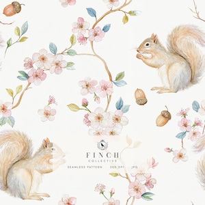 May include: A seamless pattern featuring light brown squirrels, pink cherry blossoms on brown branches, and brown acorns on a white background. The text reads FINCH COLLECTIVE SEAMLESS PATTERN 300 DPI JPG with a small bird logo above the word FINCH.
