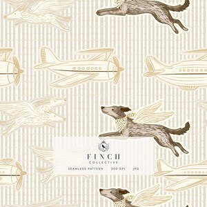 Pode incluir: Um padrão contínuo com ilustrações de cães alados usando bandanas de bolinhas e aviões de hélice vintage sobre um fundo listrado bege. O centro inclui o texto FINCH COLLECTIVE SEAMLESS PATTERN 300 DPI JPG.