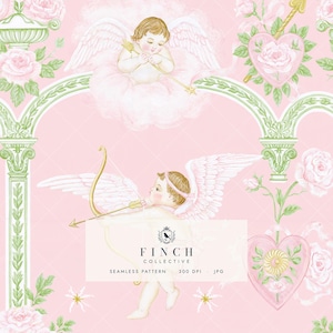 May include: A seamless pattern featuring cherubs with wings, bows, and arrows set against a light pink background. The design includes green architectural arches, pink roses, and heart-shaped motifs. Text reads: FINCH COLLECTIVE SEAMLESS PATTERN 300 DPI JPG.