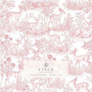 May include: A seamless pattern featuring a repeating toile-style illustration of deer and fawns in a forest setting, rendered in a soft pink monochrome on a white background. The text FINCH COLLECTIVE SEAMLESS PATTERN 300 DPI JPG is centred.