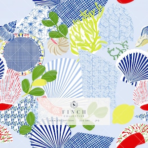 May include: A seamless pattern featuring a collage of blue and white seashells, green leafy branches, yellow lemons, and various geometric textures on a light blue background. The text FINCH COLLECTIVE SEAMLESS PATTERN 300 DPI JPG is centered.
