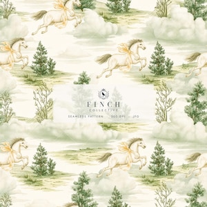 May include: A seamless pattern featuring white horses with flowing yellow ribbons, green pine trees, and soft clouds against a cream background. The centre text reads FINCH COLLECTIVE SEAMLESS PATTERN 300 DPI JPG with a small bird icon above.
