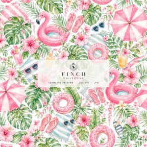 May include: A seamless pattern featuring watercolor illustrations of pink flamingos, striped beach umbrellas, tropical hibiscus flowers, monstera leaves, pink flip-flops, heart-shaped sunglasses, and drinks. Text reads FINCH COLLECTIVE.