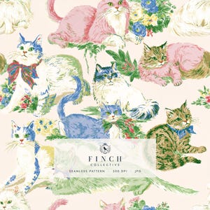 Fluffy Cats Seamless Pattern, Digital File For Commercial Use, Ribbon Bow Kitten Fabric Print, Shabby Chic Floral Pet Digital Paper (JPG)