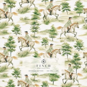 May include: A seamless pattern featuring watercolor illustrations of riders on white horses galloping through a landscape with green trees and grass. The text FINCH COLLECTIVE SEAMLESS PATTERN 300 DPI JPG is centered over the repeating equestrian design.