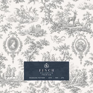 Toile de Jouy Premium Seamless Pattern, Classical Goddess Deer Cherubs and Ornamental Medallions, Vintage Mythology SVG JPG, Commercial Use