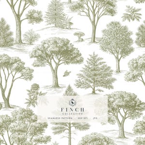 May include: A seamless pattern featuring sage green line art illustrations of various deciduous and coniferous trees, mushrooms, and foliage on a white background. The text FINCH COLLECTIVE SEAMLESS PATTERN 300 DPI JPG is centered.
