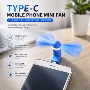 Może przedstawiać: Niebieski mini wentylator typu C do telefonu komórkowego z dwoma obracającymi się łopatkami, podłączony do białego smartfona. Obraz zawiera tekst: TYPE-C MOBILE PHONE MINI FAN, PLUG AND PLAY, COOL ANYTIME, ANYWHERE, POWERFUL WIND, TYPE-C INTERFACE, MINI & PORTABLE, ULTRA QUIET, SAFE & DURABLE.