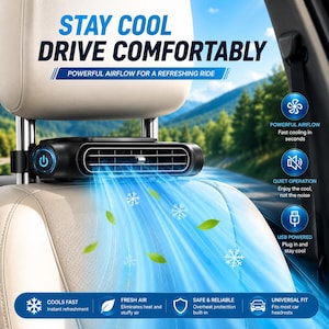 Può includere: Un ventilatore nero per poggiatesta auto con pulsante di accensione, che riporta il testo STAY COOL DRIVE COMFORTABLY e POWERFUL AIRFLOW FOR A REFRESHING RIDE. Il dispositivo mostra icone per raffreddamento rapido, silenziosità e alimentazione USB.