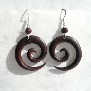 Large earrings - spiral - wooden earrings, wooden jewellery, ethno wood jewellery, 925 silver