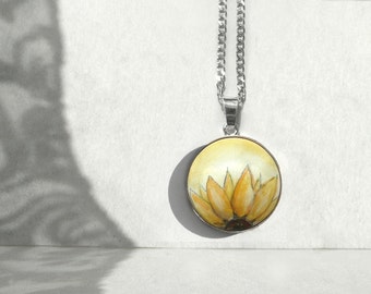 Half of Yellow Sunflower, Close -up, Silver Pendant Necklace, Hand Painted, Holz & Silver Charm with Chain