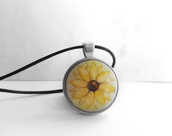 Sonnenblumen Kette, Handbemalter Blumen Anhänger mit Lederkette, Kunst Bild Schmuck