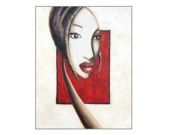 Small Red Painting, Canvas Wall Art, Woman Face Portrait Painting, Ethnic Style, Red Painting on Canvas, African Art, 24 x 30 cm, Wall Decor