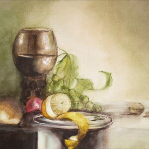 May include: A watercolor painting of a still life featuring a glass of red wine, grapes, a lemon, and a red apple on a table with a white tablecloth.