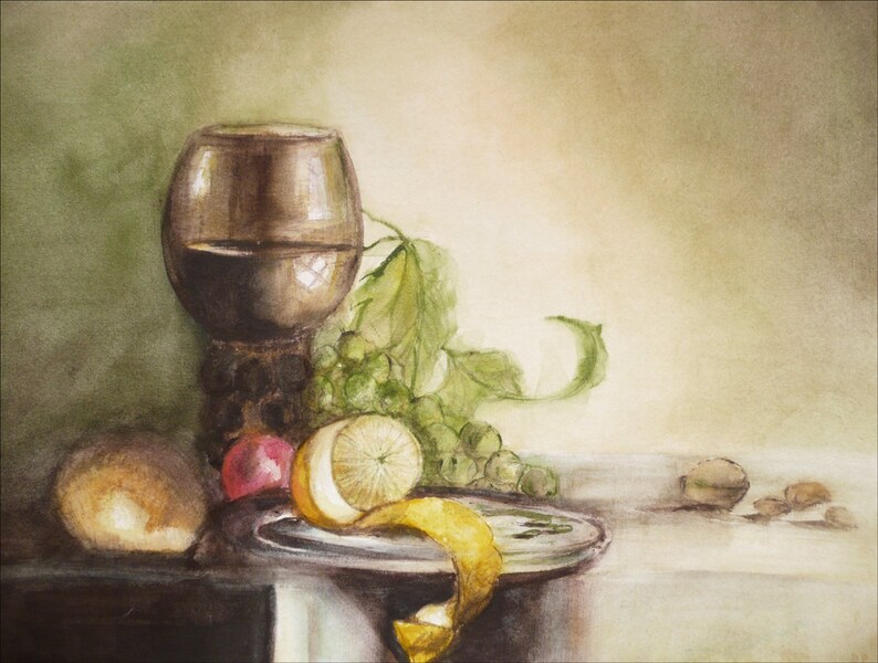 May include: A watercolor painting of a still life featuring a glass of red wine, grapes, a lemon, and a red apple on a table with a white tablecloth.