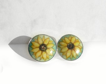 Blumen Ohrstecker, Sonnenblume Ohrringe,  925 Sterling Silber und Holz Schmuck, Blumenbild, Handbemalter Ohrschmuck
