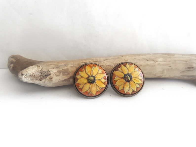 Cute Stud Round Earrings, Hand Painted Sunflower Studs Post Earrings, Yellow Flower Painting Jewelry, Handmade Jewelry image 3