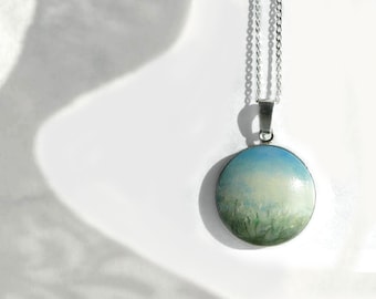 Hand Painted Necklace with Original Painting, 925 Silver Bezel Pendant, Landscape Flower Field