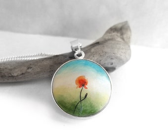 Art Red Poppy Necklace,  Handmade Pendant, Wood & 925 Sterling Silver, Miniature Painting