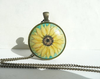 Hand Painted Sunflower Pendant, Bezel Necklace, Chain Charm, Vintage Style, Antique Bronze Color, Original Small Flower Painting