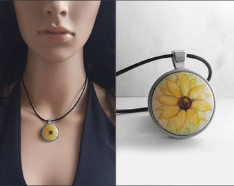 Sunflower Pendant Necklace, Leather Cord Charm Necklace, Sunflower Small Acrylic Painting, Flower, Bezel Necklace, Artistic Floral Jewelry