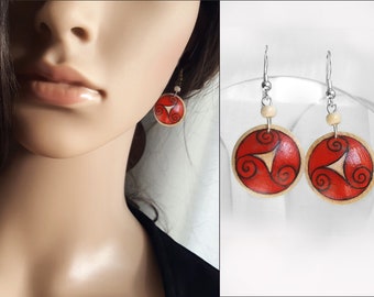 Hand Painted Red Earrings, Celtic Spiral Earrings, Dangle, Wood & 925 Silver