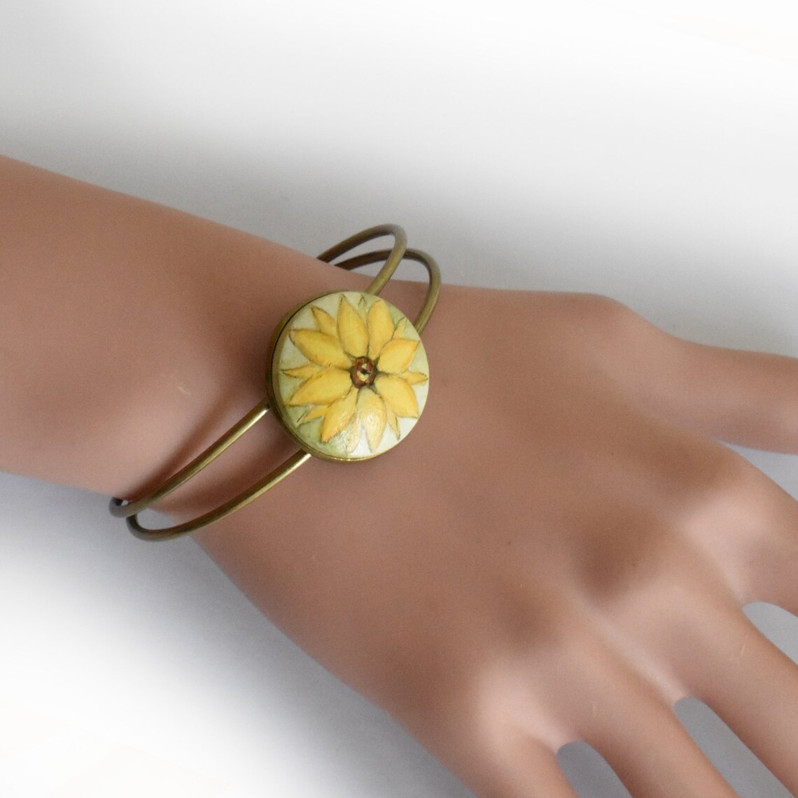 Sunflower Charm Bracelet, Hand Painted Flower, Bangle Bracelet With