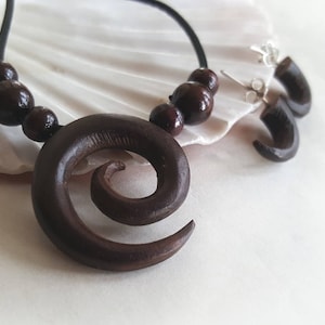 Ethno set made of wood, spiral, earrings and necklace, wooden jewellery, leather cord necklace, gift for her