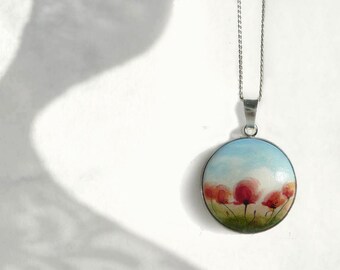 Mohnblumen Kette, Mohnbild Anhänger mit Silberkette, Kleiner Blumenanhänger, Handbemalte Halskette Mohnwiese, Handmade Schmuck