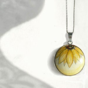 Unique Necklace, Hand Painted Sunflower Pendant, Sterling Silver Necklace, Art Jewelry Sunflower Charm, Handmade Jewelry image 1