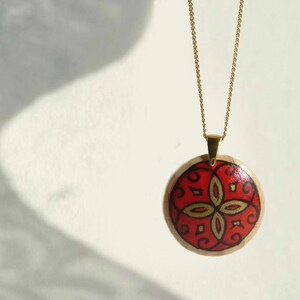 Red Wooden Pendant, Gold-Plated Chain, Wooden Jewelry, Small Wooden Pendant, Handmade Jewelry Pendant