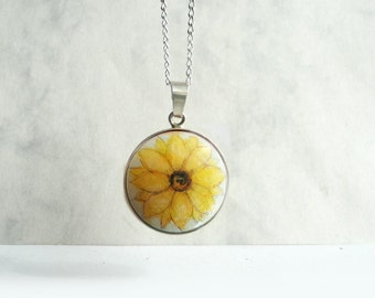 Sonnenblume Halskette, Handbemalter Kettenanhänger, 925 Silber Kette, Blumen Anhänger