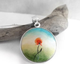 Handbemalte Mohnblumen Kette – Künstlerisches Schmuckunikat aus 925 Silber – Geschenk für Frauen