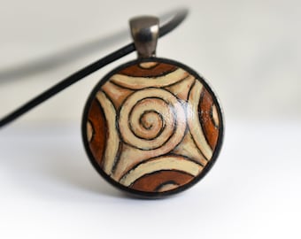 Small Painting Necklace, Brown Art Pendant with Black Leather Cord, Hand Painted Jewelry, Tribal Necklace for Art Lovers