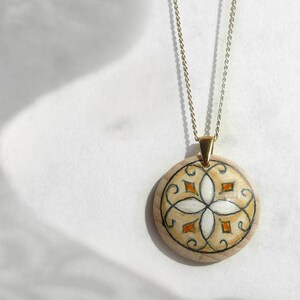 Hand-Painted Wooden Pendant in Beige, Gold-Plated Chain, Wooden Jewelry Pendant, Handmade Jewelry