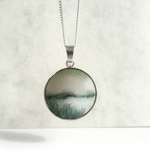 Hand-painted pendant with silver chain, landscape pendant, handmade jewellery for women