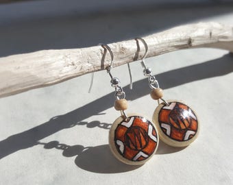 Hand Painted Earrings, Ethnic Jewelry, Button Dangle Earring, Natural Wood Jewelry African Style, Lightweight Handmade Earrings, Wood Silver