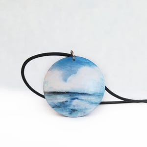 Big Ocean Pendant Necklace, Round Wooden Pendant, Hand Painted Jewelry, Original Sea Painting, Ocean Painting, Miniature Painting Jewelry