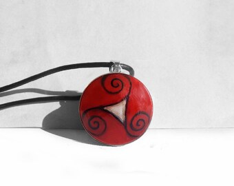 Hand Painted Wooden Red Pendant, Celtic Spiral, 925 Silver, Gift Idea