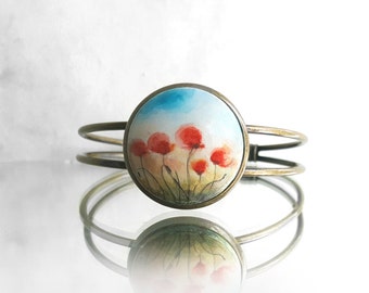 Handmade Poppy Bracelet, Small Fine Art Painting Poppies Fied, Antique Bronze Color Cuff Bracelet, FLower Art Jewelry