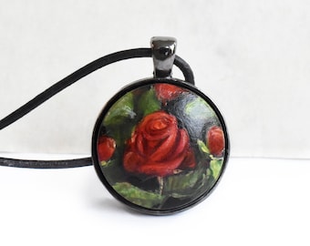 Anhänger mit Rose, Kette Rosenbild,  Handbemalte Lederbandkette, Originalbild Schmuck