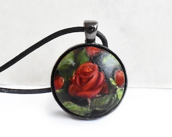 Red Rose Pendant Necklace with Black Leather Cord, Hand Painted Jewelry, Flower Painting, Gift Art Necklace for Women, Sister, Mother