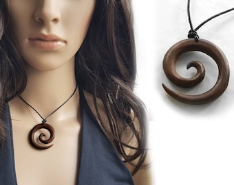 Unisex Halskette, Spiralanhänger aus Holz, Lederkette, Spirale Holzanhänger für Frauen und Männer